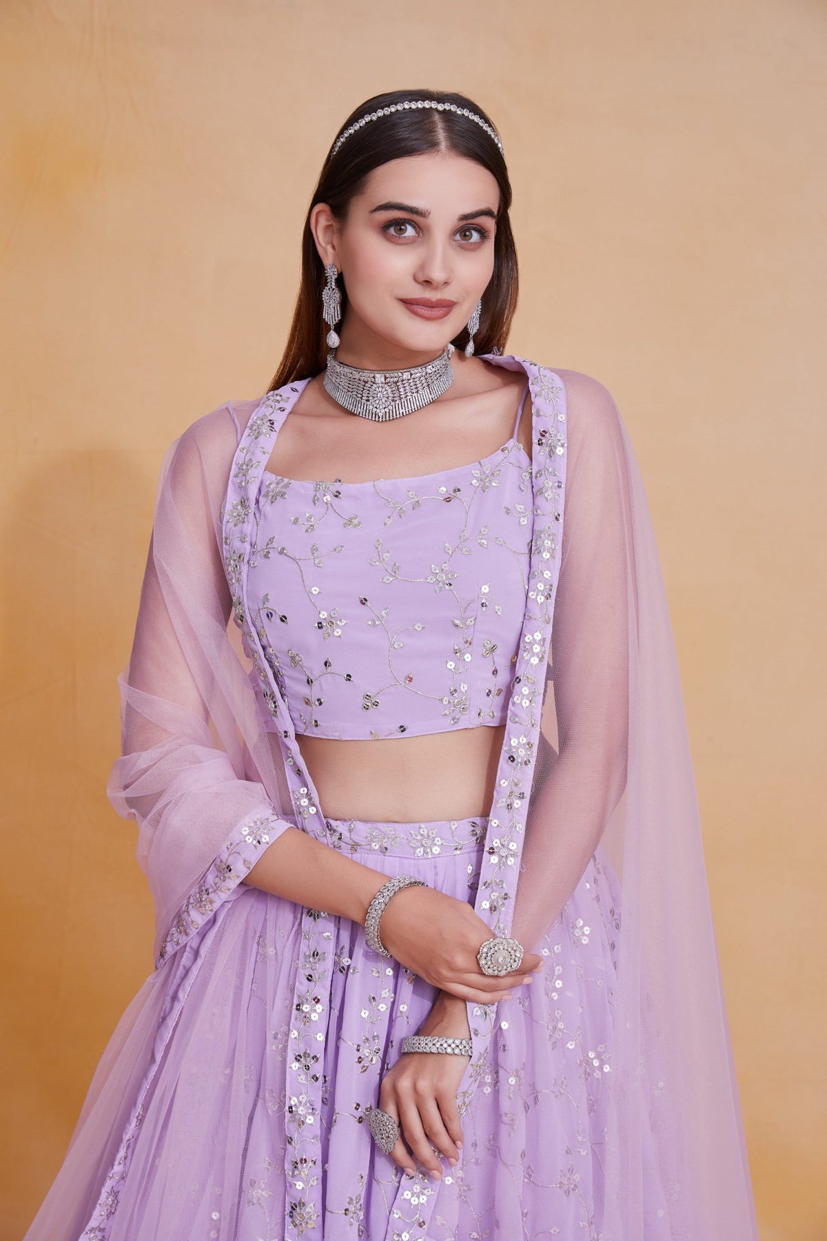 Lavender Purple Georgette Zari & Sequin Embroidered Lehenga Choli With Dupatta