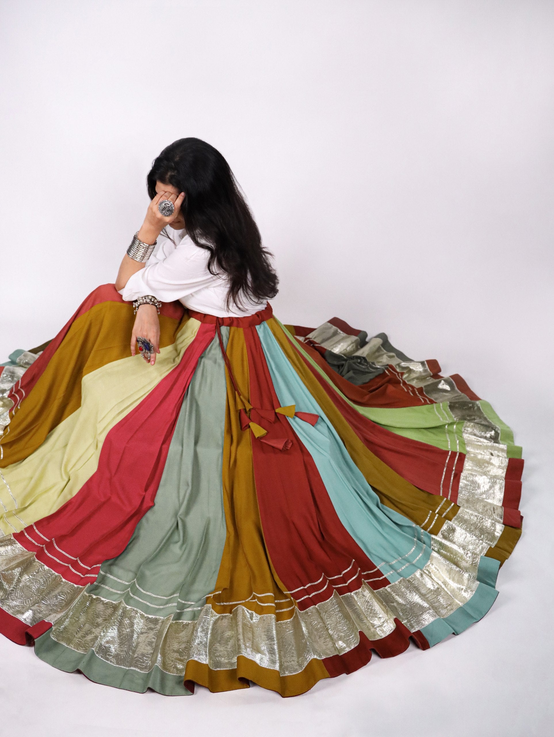 Multi-Color Panel Flared Navratri Lehenga Choli Set With Metallic Zari Border