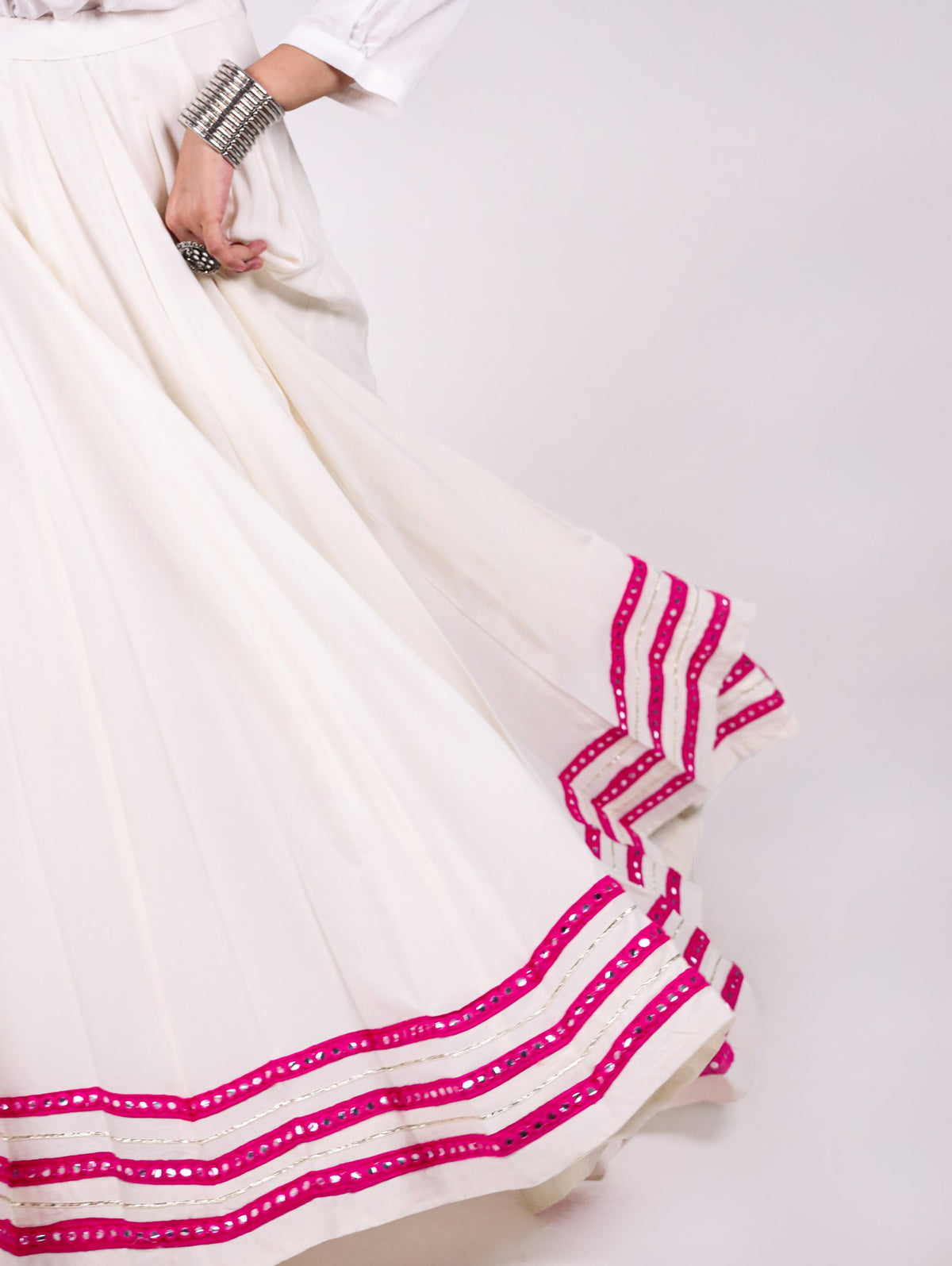 Off White Flared Navratri Lehenga With Magenta Pink Mirror-Work Border Accent