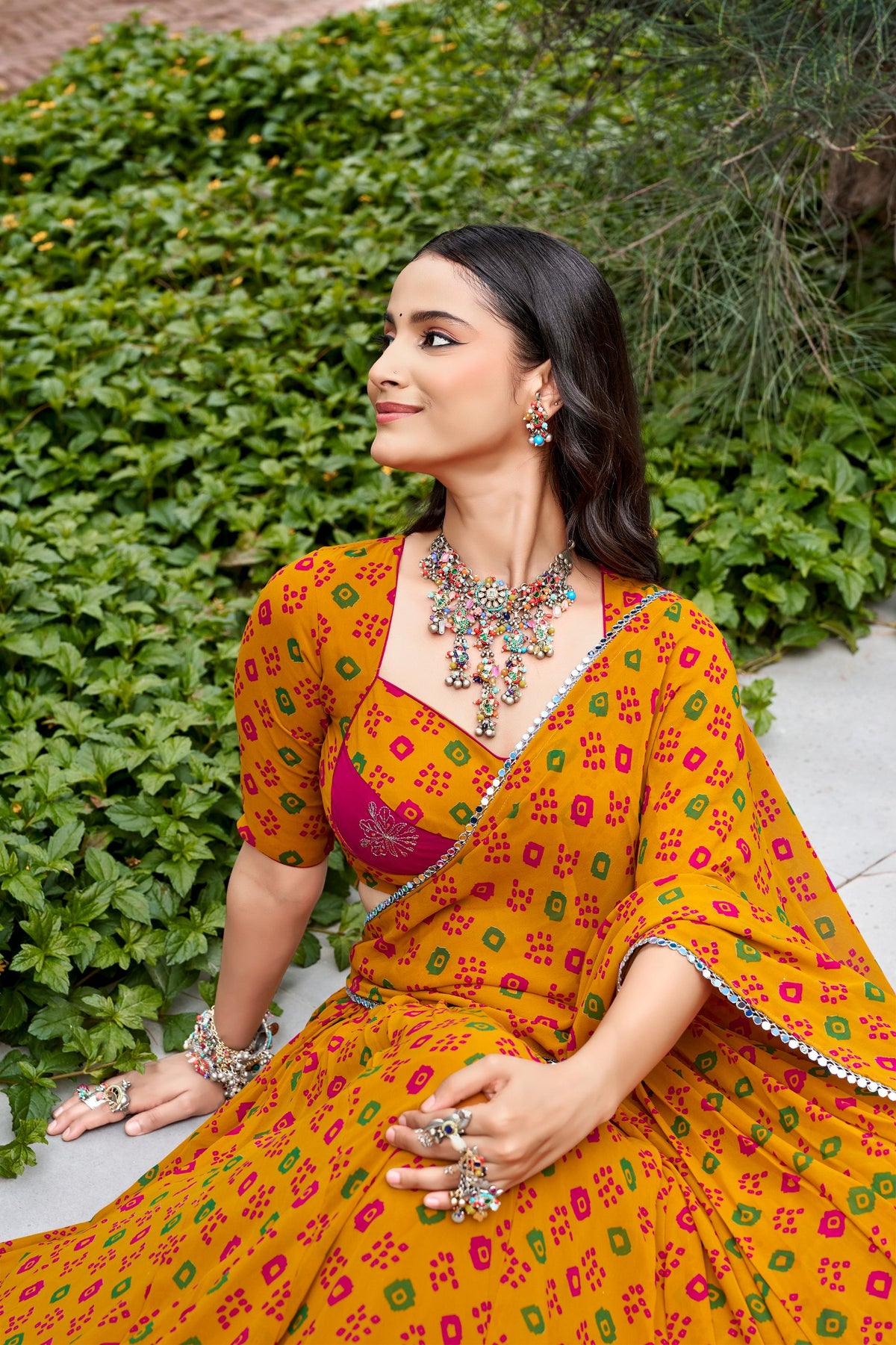 Mustard Yellow Georgette Vibrant Bandhej Print Navratri Lehenga Choli Set With Dupatta