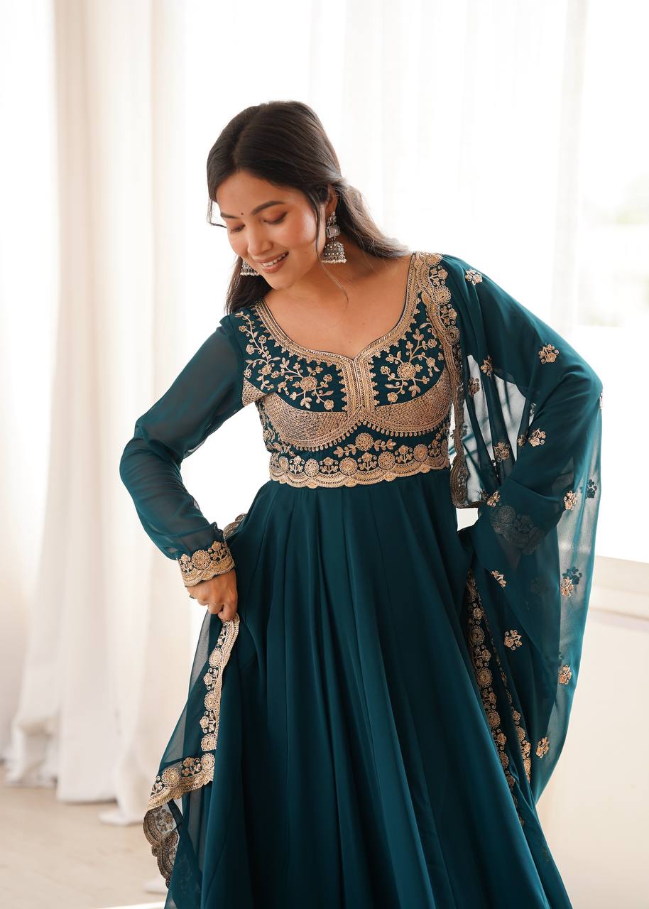 Teal Blue Blooming Georgette Sequin Embroidery Anarkali Suit Set With Dupatta