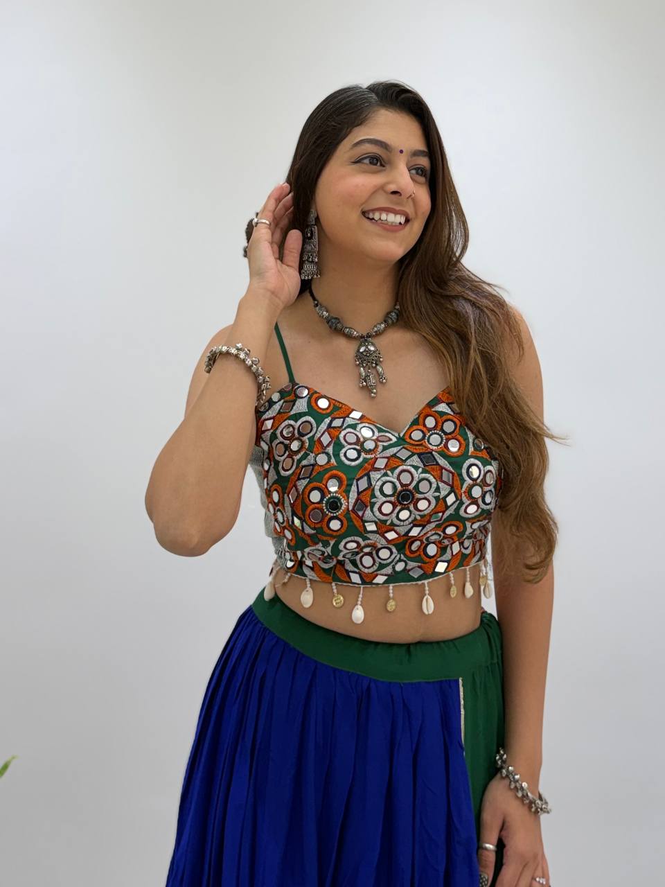 Emerald Green & Royal Blue Colorblock Rayon Real Mirror Embroidery Kali Pleated Navratri Lehenga Choli With Bandhani Dupatta