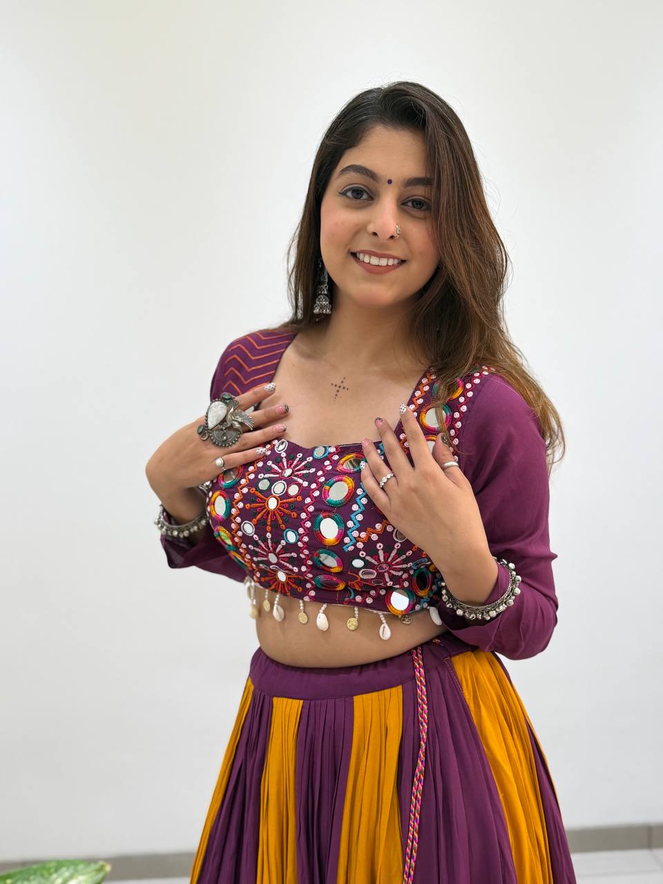 Purple & Mustard Yellow Colorblock Rayon Real Mirror Embroidery Kali Pleated Navratri Lehenga Choli With Bandhani Dupatta