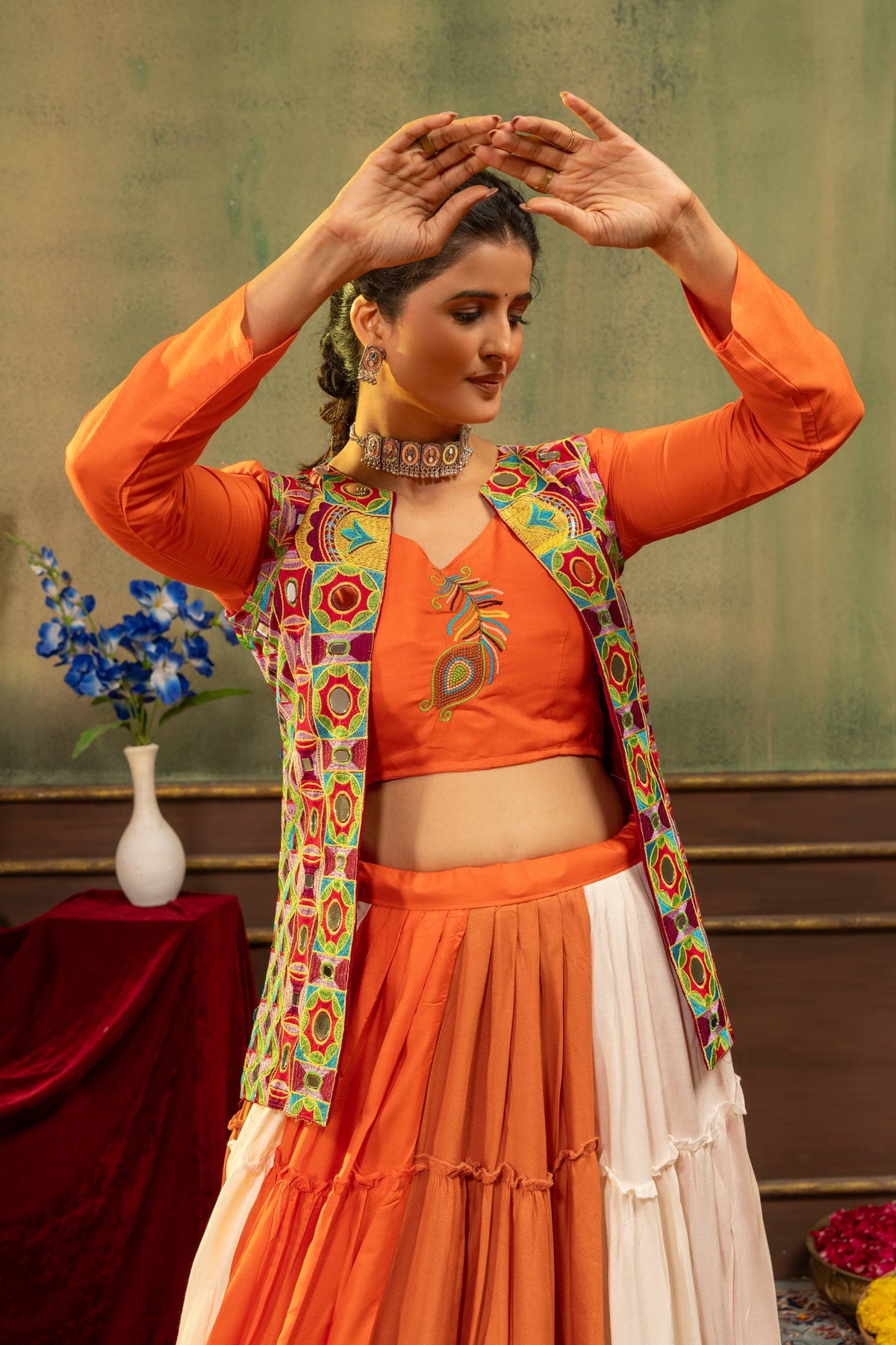 Orange & Off-White Pure Rayon Ruffle Pattern Navratri Lehenga Choli Set With Koti Jacket