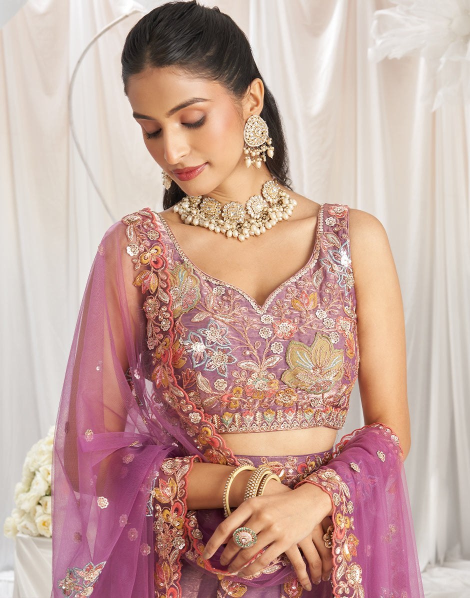 Mauve Lavender Fancy Zari & Sequence Embroidered Organza Lehenga Choli Set