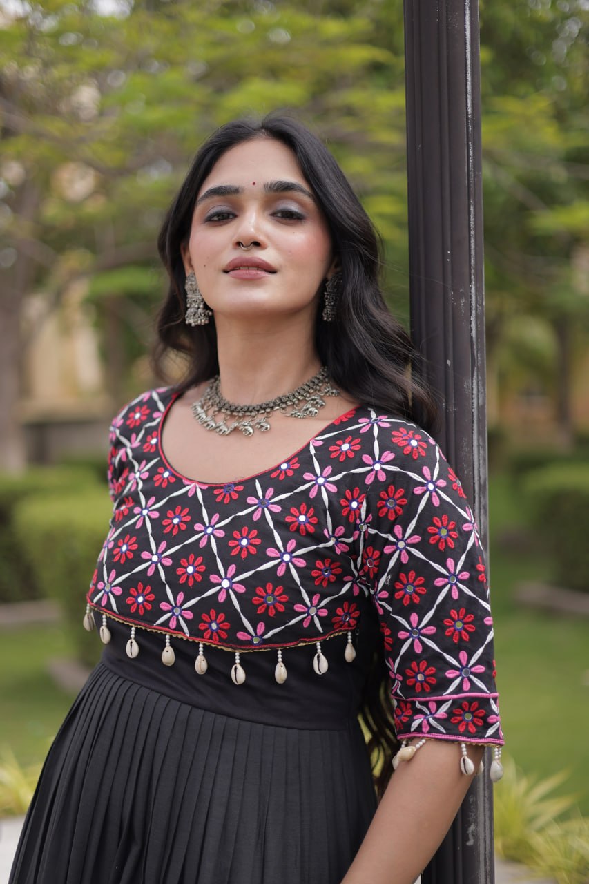 Jet Black Kora Cotton Multi-Thread Embroidered Navratri Gown With Real Mirror Work