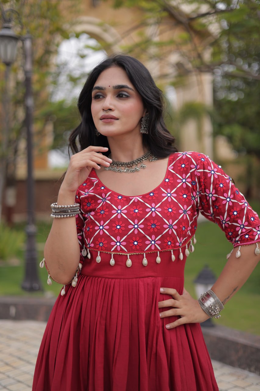 Crimson Red Kora Cotton Multi-Thread Embroidered Navratri Gown With Real Mirror Work