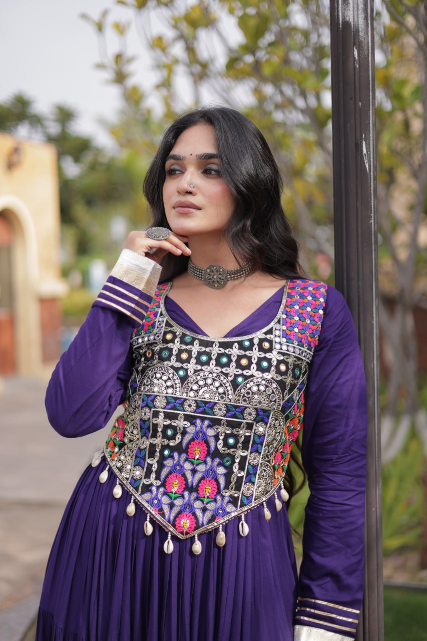 Royal Purple Rayon Navratri Gown With Embroidered Mirror Work Yoke & Gota Patti Sleeves