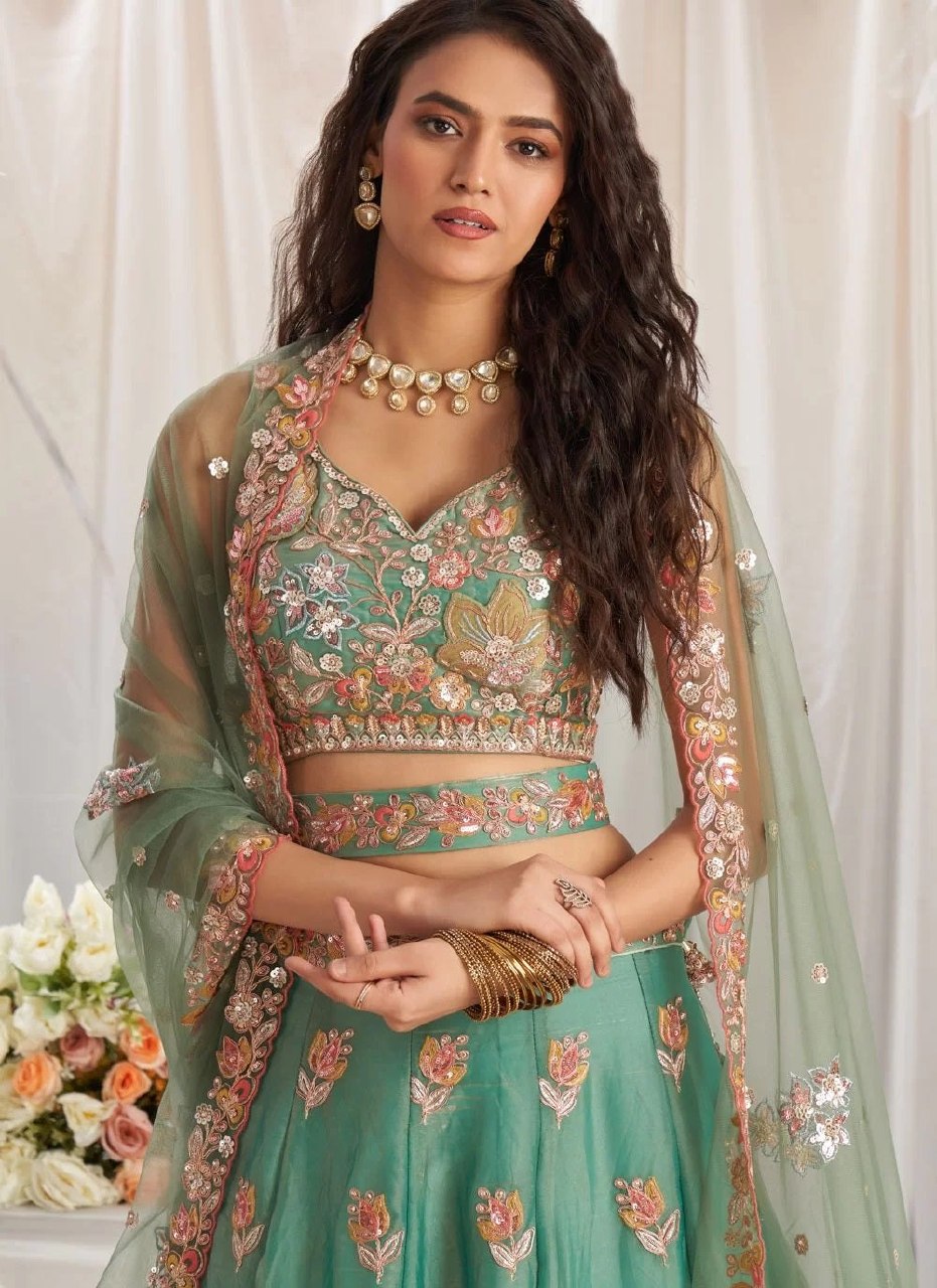 Mint Green Fancy Zari, Sequin & Thread Embroidery Organza Lehenga Choli Set With Matching Belt