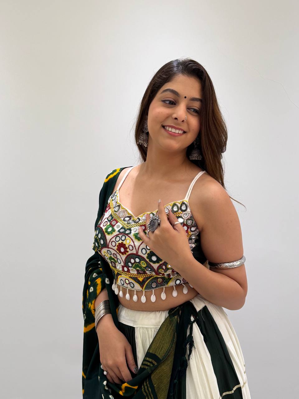 White & Bottle Green Colorblock Rayon Real Mirror Embroidery Kali Pleated Navratri Lehenga Choli With Bandhani Dupatta