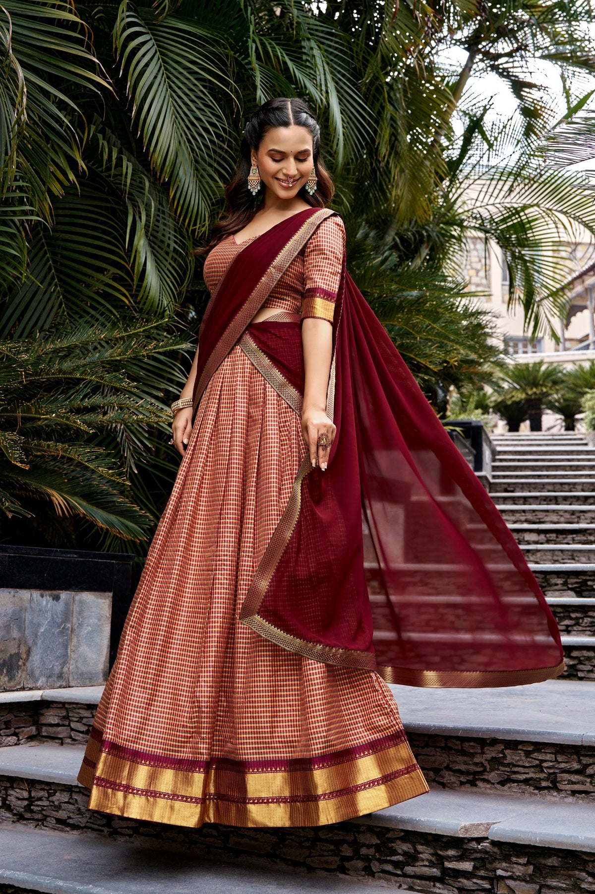 Maroon & Gold Kanchi Cotton Checks Lehenga Choli Set With Rich Zari Weaving Border