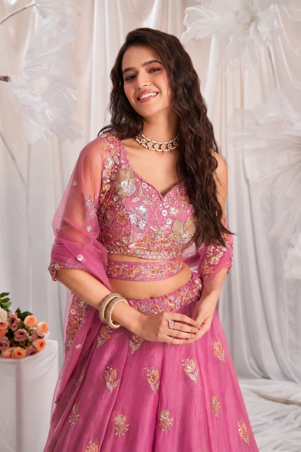 Pink Fancy Zari, Sequin & Thread Embroidery Organza Lehenga Choli With Dupatta