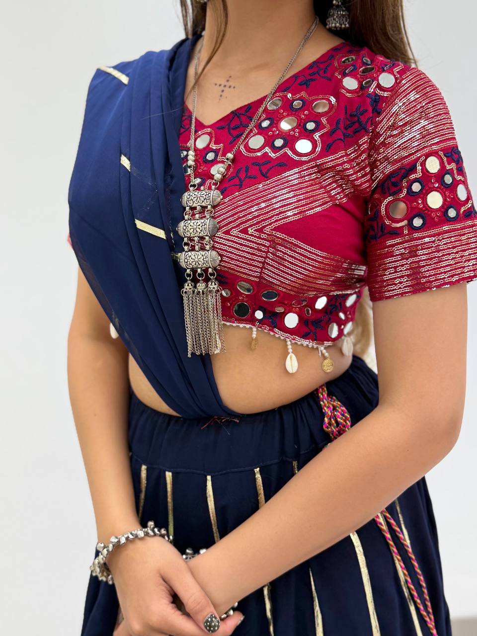 Navy Blue & Rani Pink Colorblock Rayon Real Mirror Embroidery Kali Pleated Navratri Lehenga Choli With Dupatta