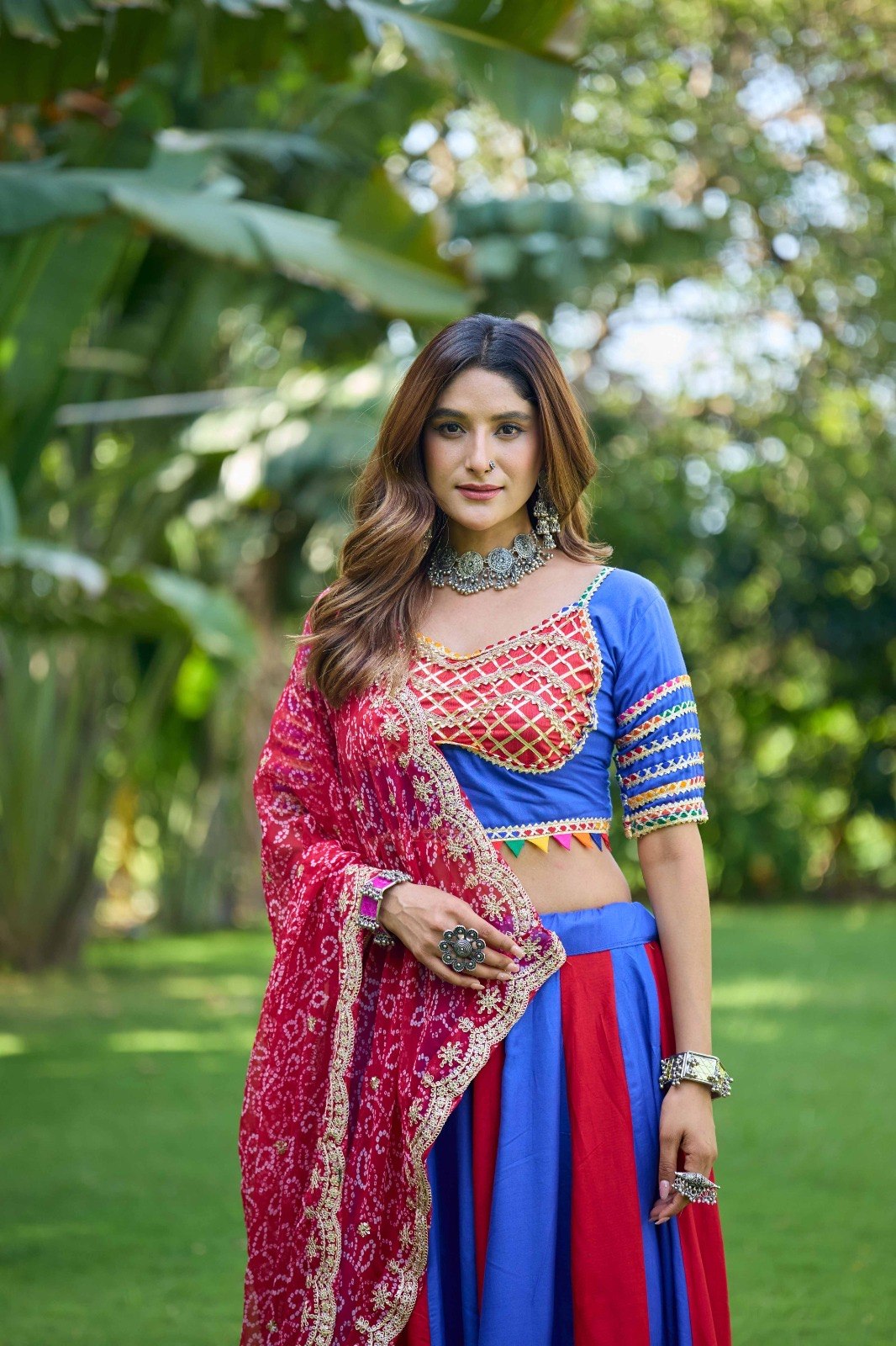 Royal Blue & Red Panel Pure Cotton Lampi Lace Work Navratri Lehenga Choli With Dupatta