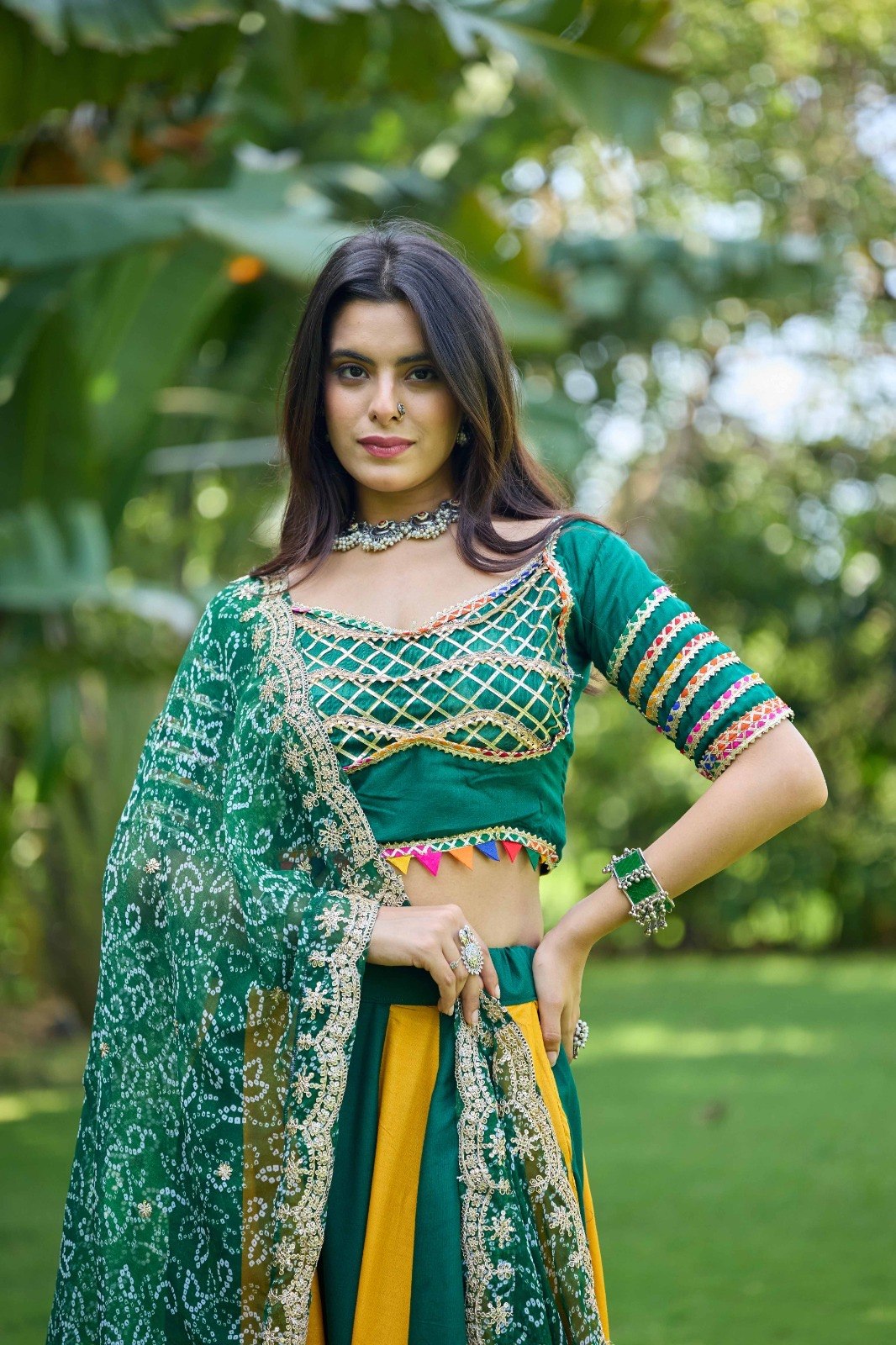Green & Yellow Panel Pure Cotton Lampi Lace Work Navratri Lehenga Choli With Dupatta