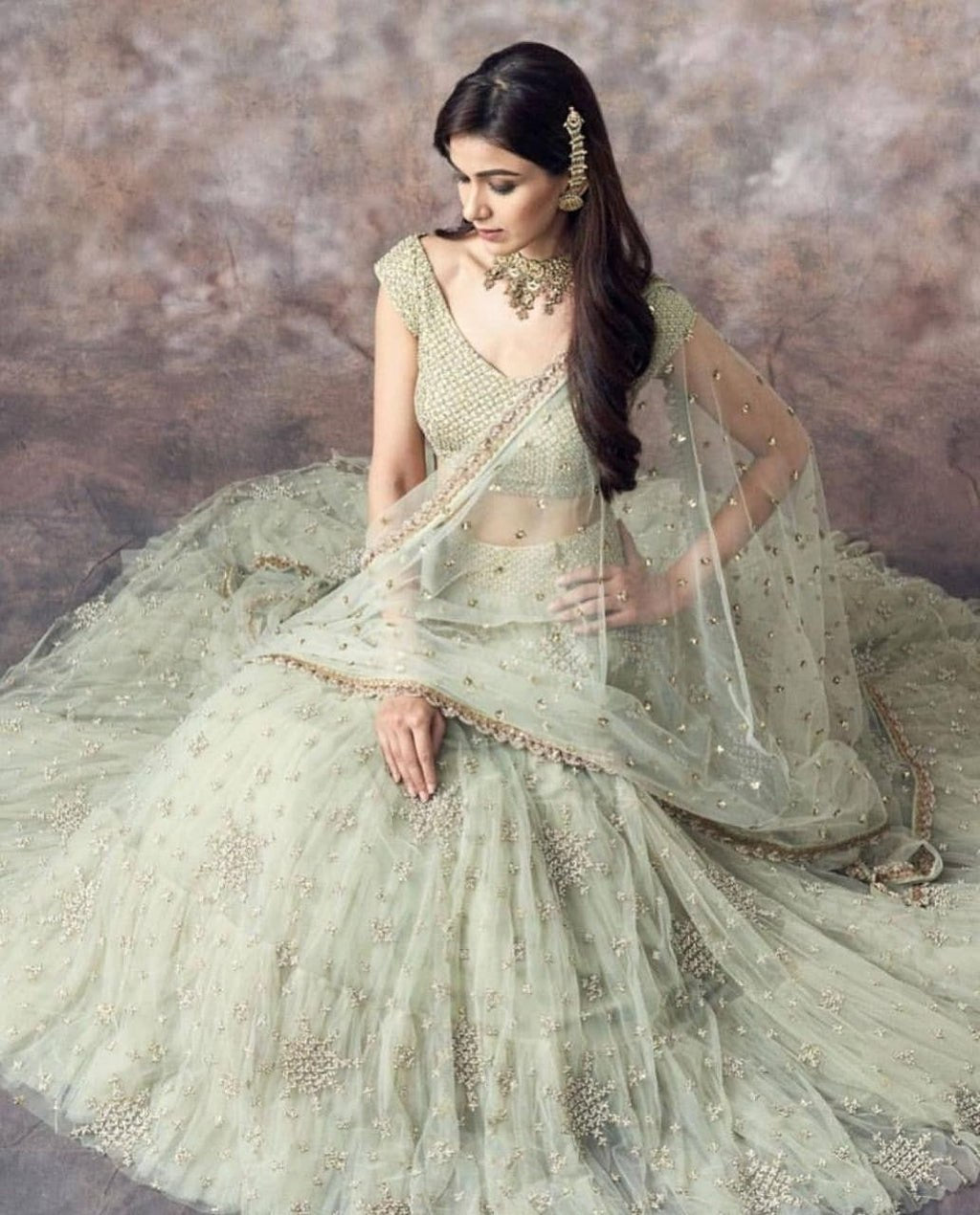 Pastel Mint Green Soft Net Zari, Sequin & Thread Embroidery Designer Lehenga Choli With Embroidered Net Dupatta