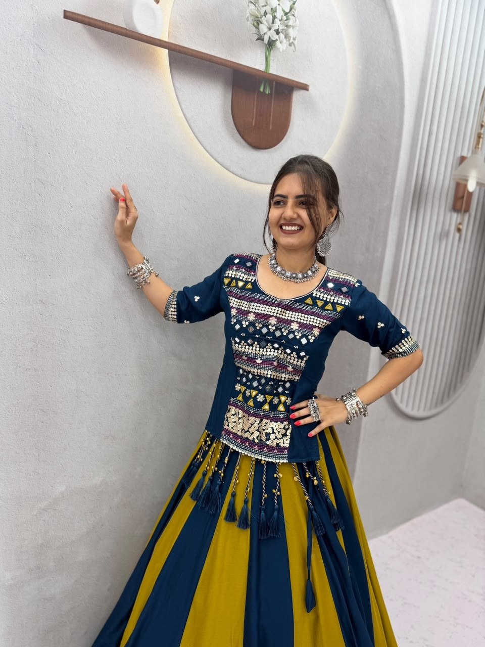 Navy Blue & Mustard Yellow Colorblock Pure Cotton Mirror Hand Work & Ribbon Work Navratri Lehenga Choli