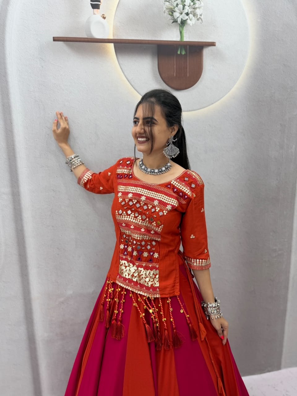 Orange & Rani Pink Colorblock Pure Cotton Mirror Hand Work & Ribbon Work Navratri Lehenga Choli
