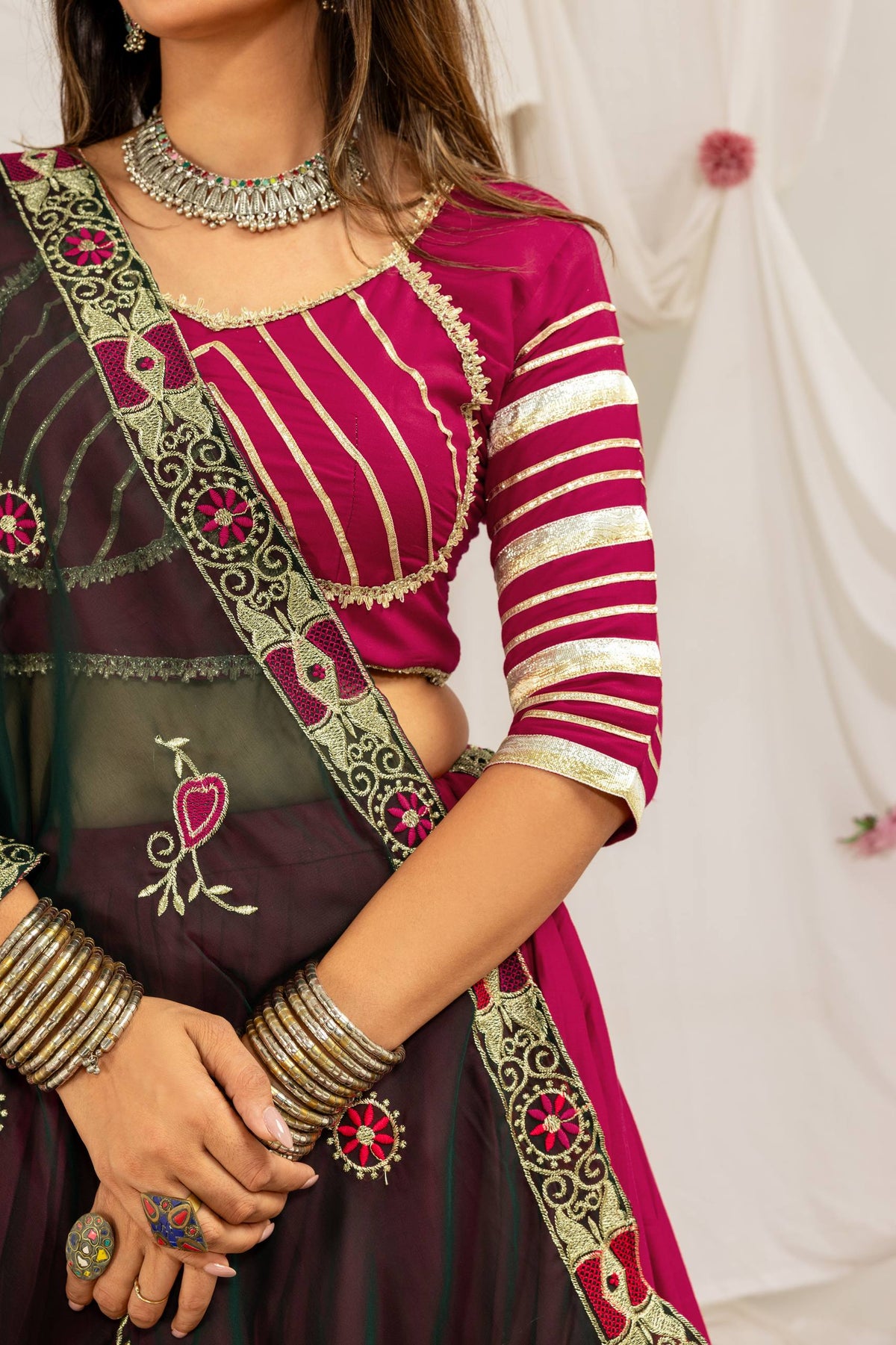 Rani Pink & Dark Green Pure Rayon Navratri Lehenga Choli With Bold Gold Circle Gota Work, Canvas Flounce & Drawstring
