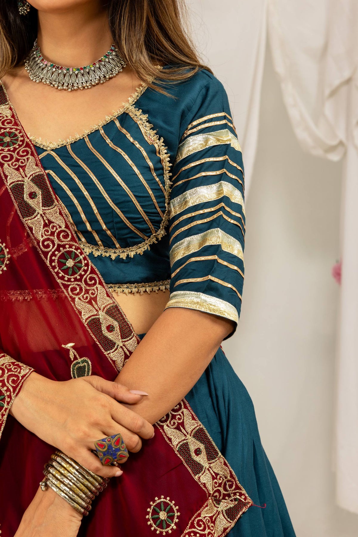 Teal Blue & Maroon Pure Rayon Navratri Lehenga Choli With Bold Gold Circle Gota Work, Canvas Flounce & Drawstring