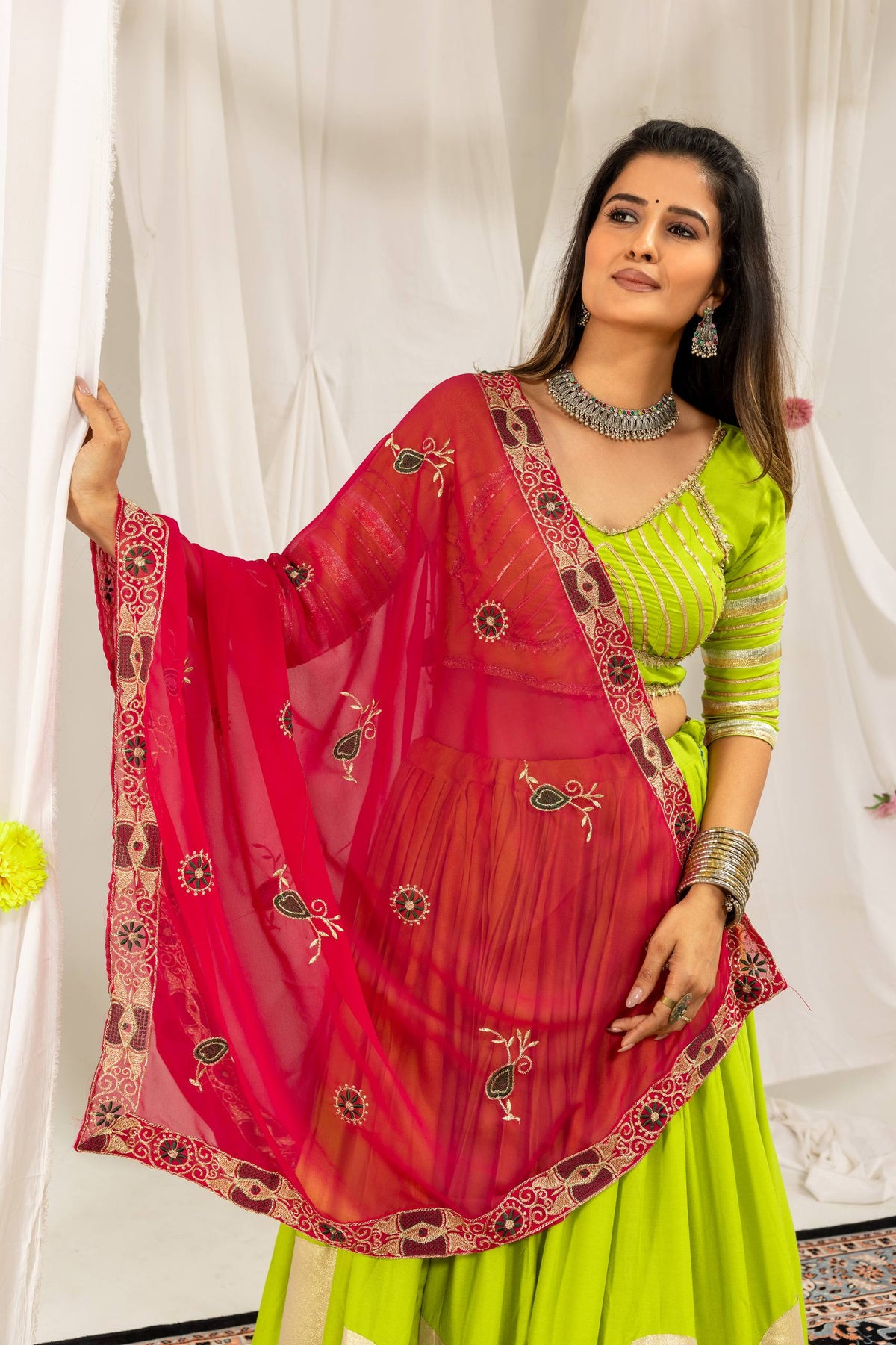Lime Green & Hot Pink Pure Rayon Navratri Lehenga Choli With Bold Gold Circle Gota Work, Canvas Flounce & Drawstring