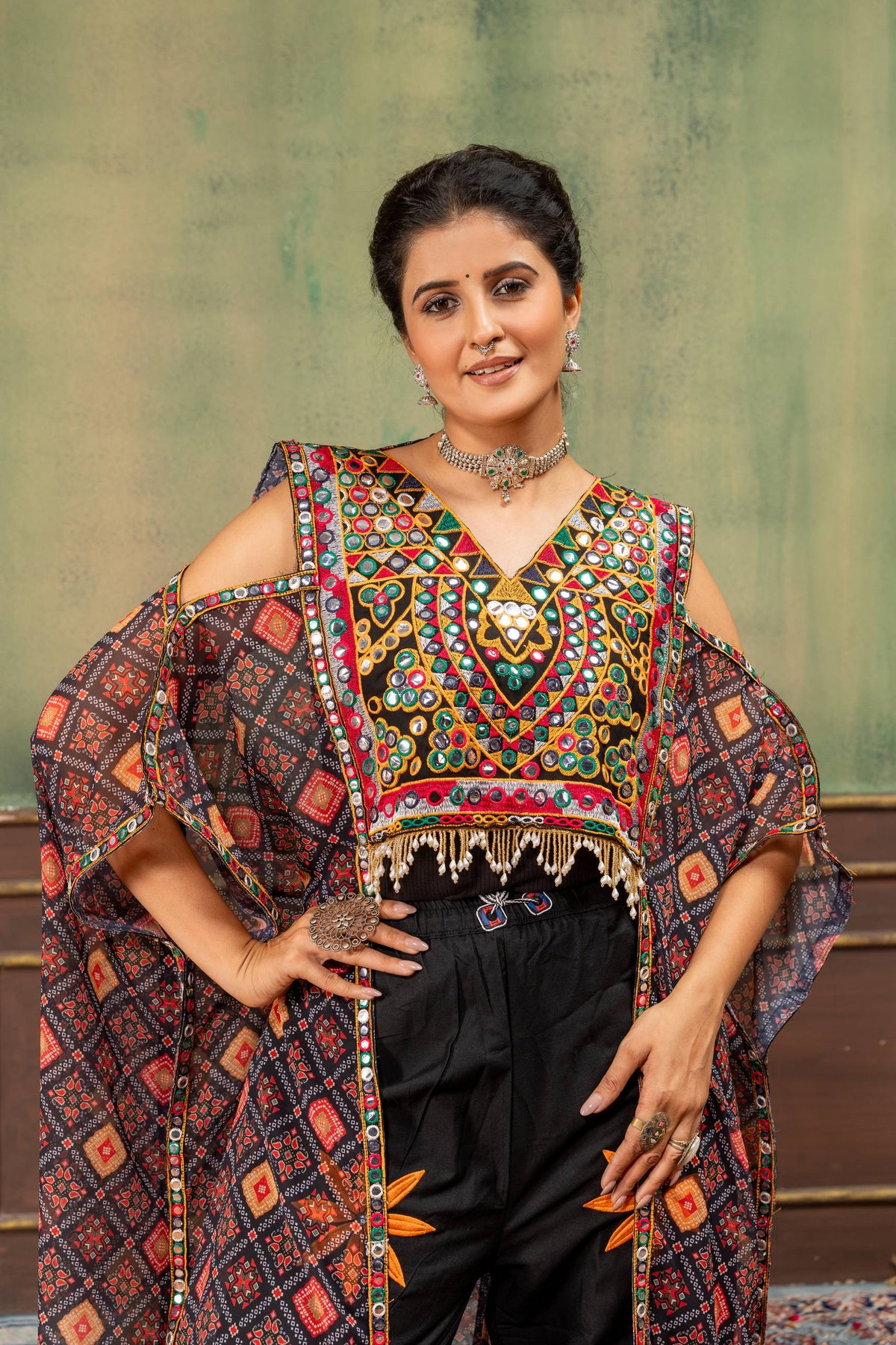 Black Faux Georgette Embroidered Cold Shoulder Kaftan Top With Mirror Work & Patchwork Pants Navratri Co-Ord Set