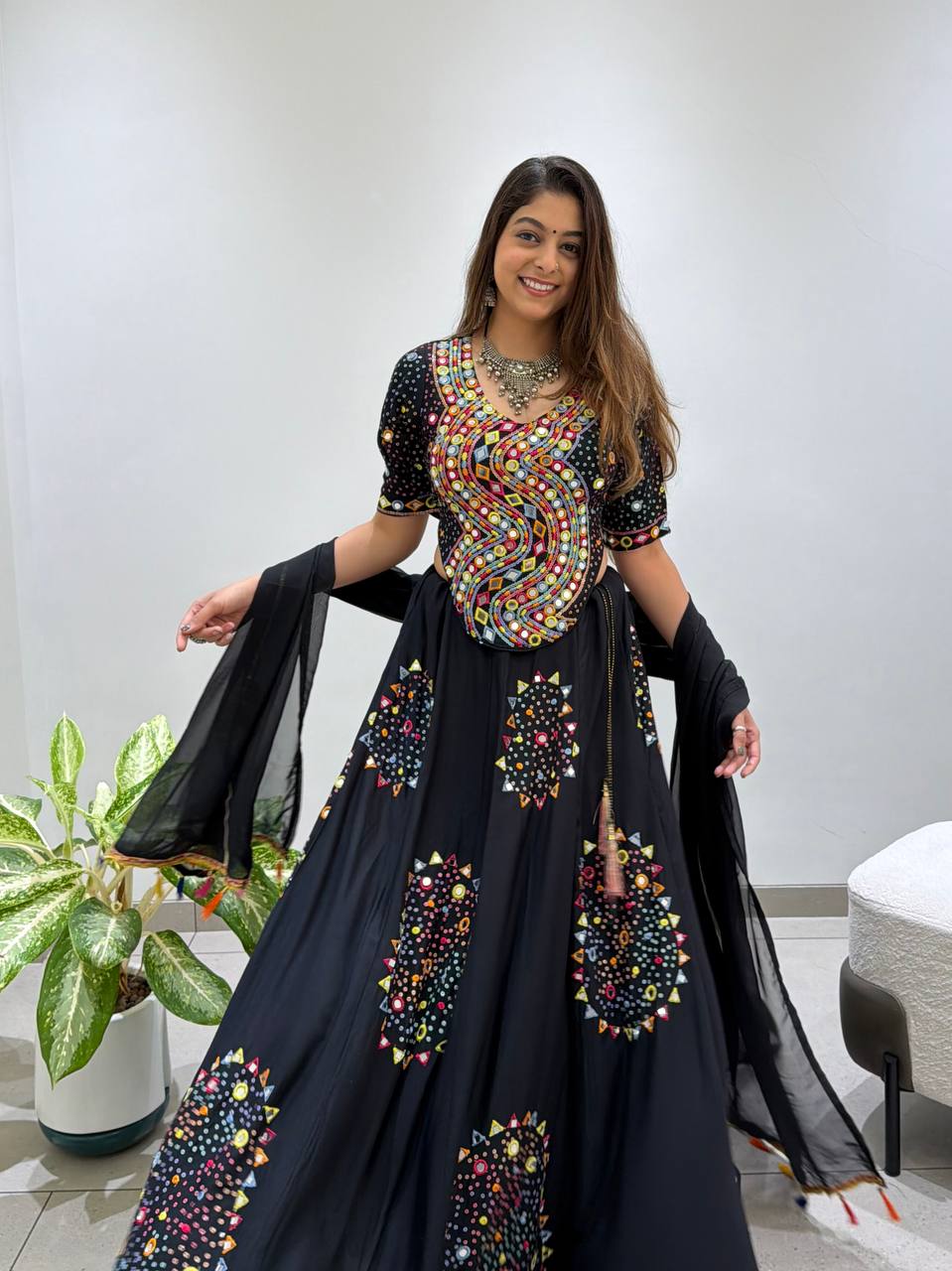 Black Rayon Real Mirror Embroidery Navratri Lehenga Choli With Embroidered Dupatta