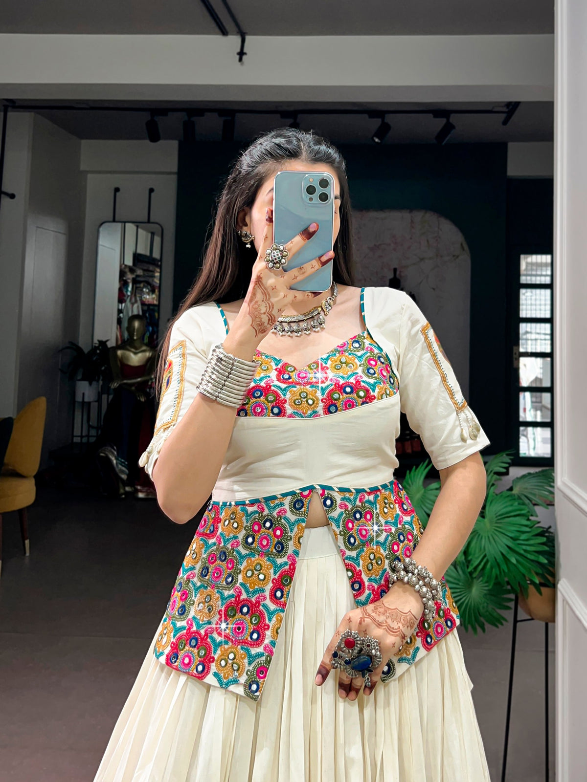 Off-White Khadi Cotton Navratri Lehenga Choli With Multicolor Panel Borders And Intricate Gamthi Work On The Blouse