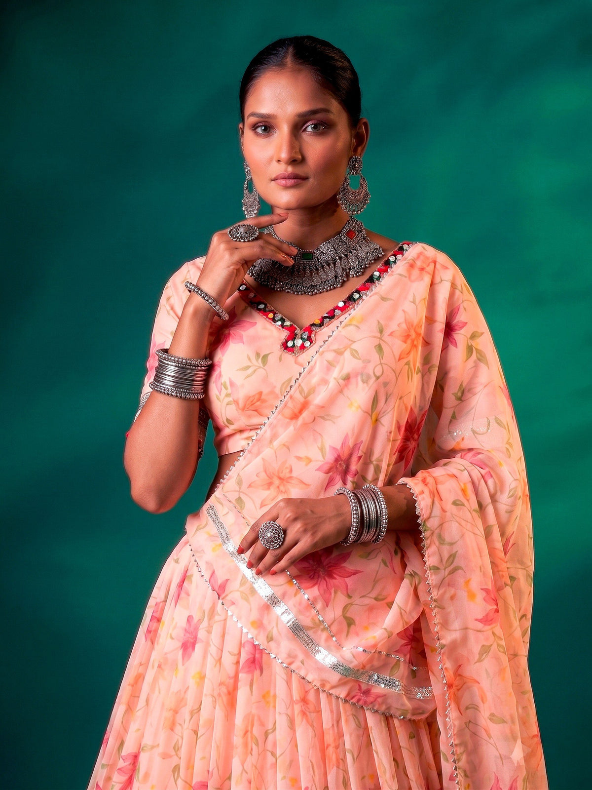 Peach Orange Tabby Silk Floral Print Navratri Lehenga Choli With Embossed Design Lace Touch Up