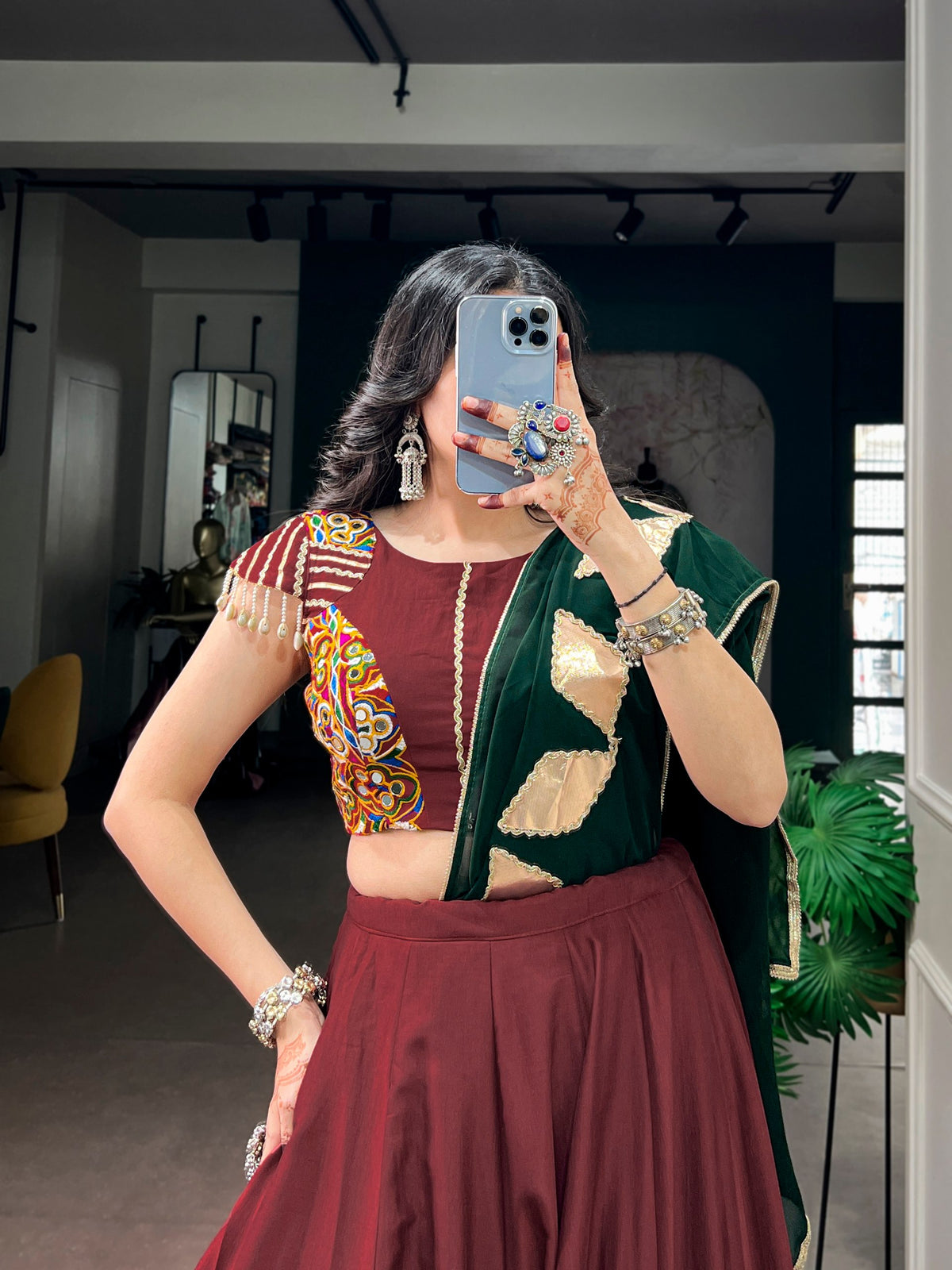 Maroon & Bottle Green Chinon Silk Navratri Lehenga Choli With Beautiful Gota Patch Work