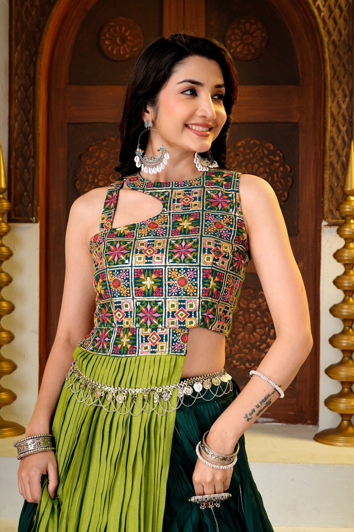 Dark Green & Lime Pure Cotton Lehenga Choli With Heavy Thread & Sequence Embroidered Blouse, Fancy Lace Work