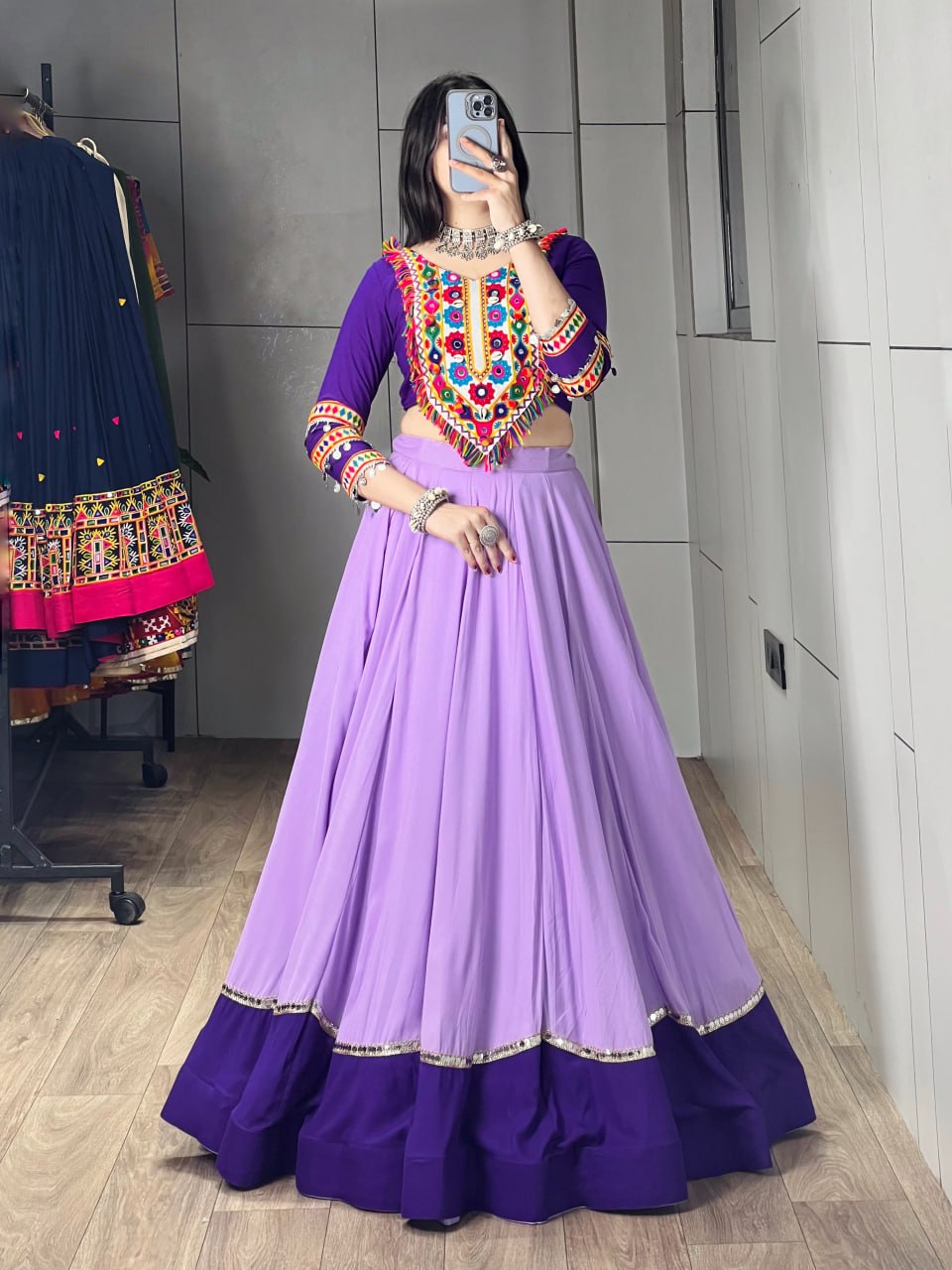 Lavender & Purple Pure Rayon Cotton Stylish Lehenga With Heavy Kutchi Patchwork Yoke & Fringe Details Navratri Lehenga Choli