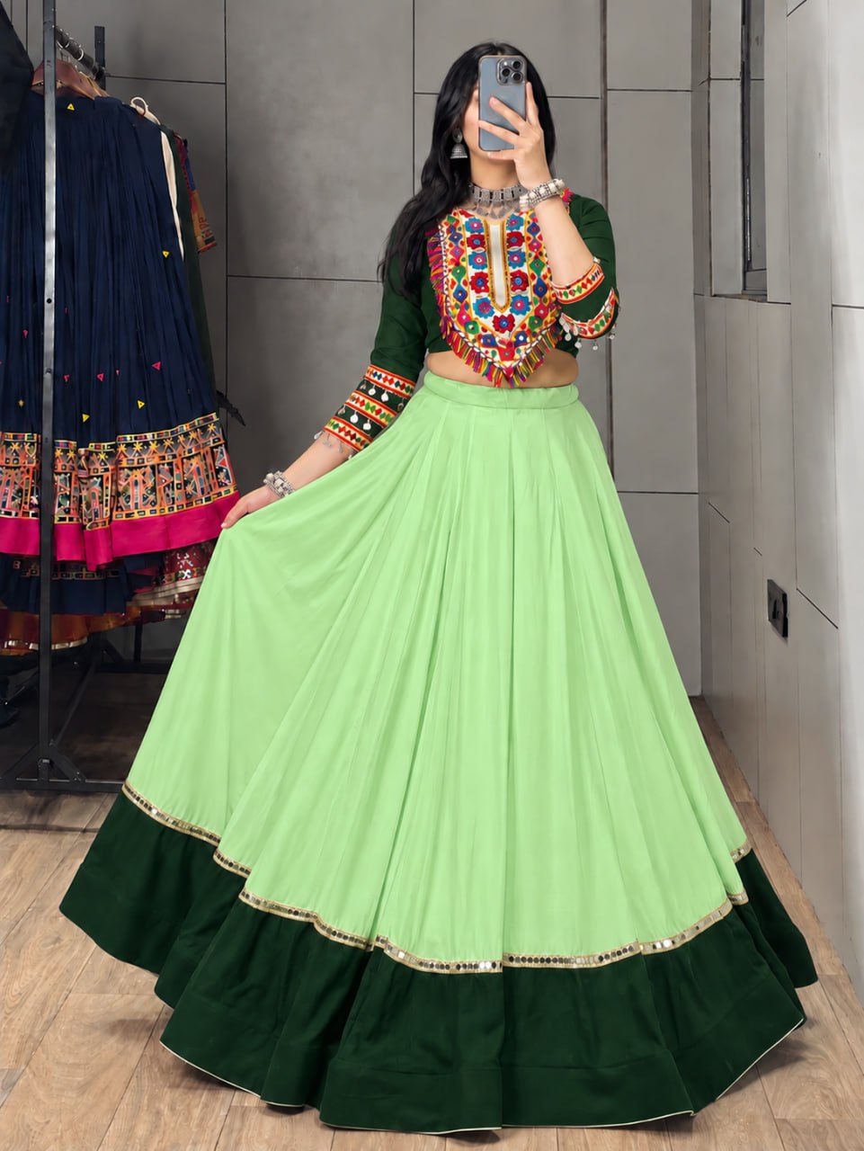 Light Green & Bottle Green Pure Rayon Cotton Stylish Lehenga With Heavy Kutchi Patchwork Yoke & Fringe Details Navratri Lehenga Choli