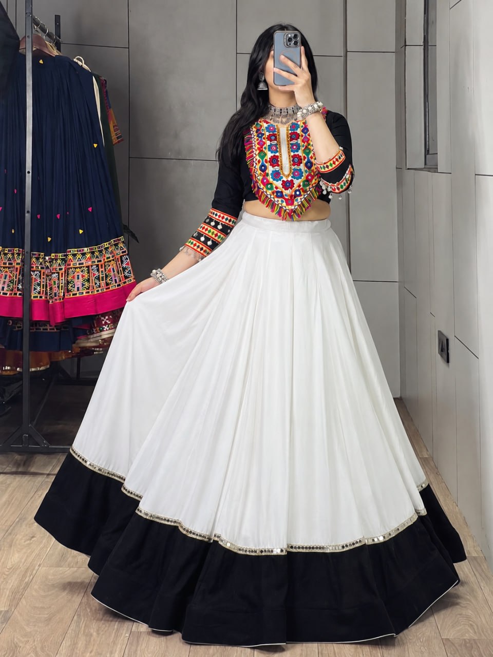 White & Black Pure Rayon Cotton Stylish Lehenga With Heavy Kutchi Patchwork Yoke & Fringe Details Navratri Lehenga Choli