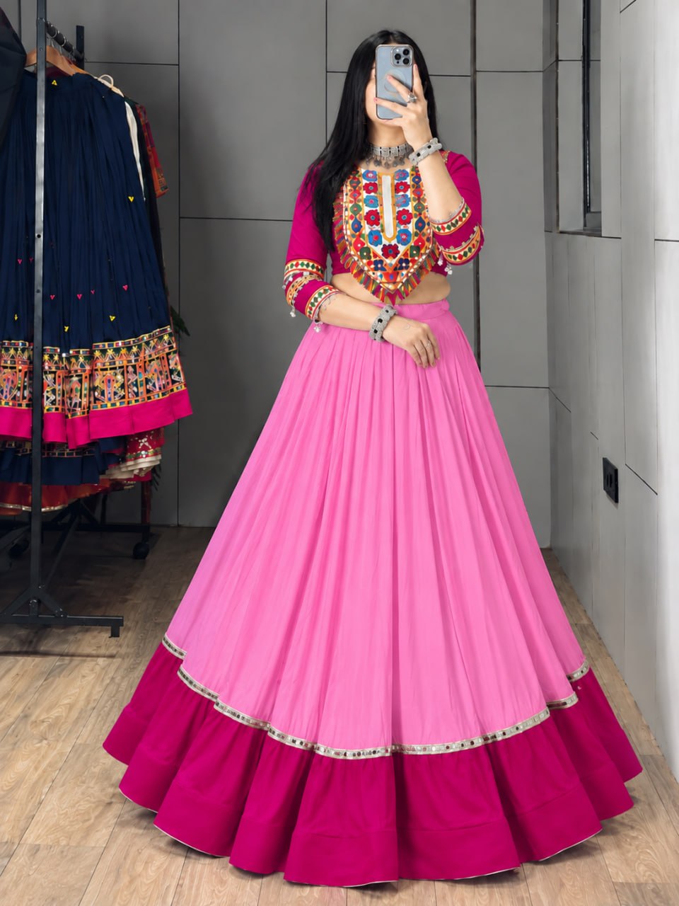 Pink & Magenta Pure Rayon Cotton Stylish Lehenga With Heavy Kutchi Patchwork Yoke & Fringe Details Navratri Lehenga Choli
