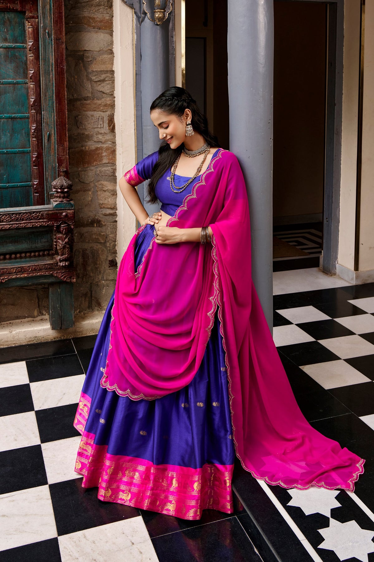 Royal Blue & Pink Cotton Silk South Traditional Lehenga Choli With Zari Weaving Border & Scallop Embroidered Dupatta