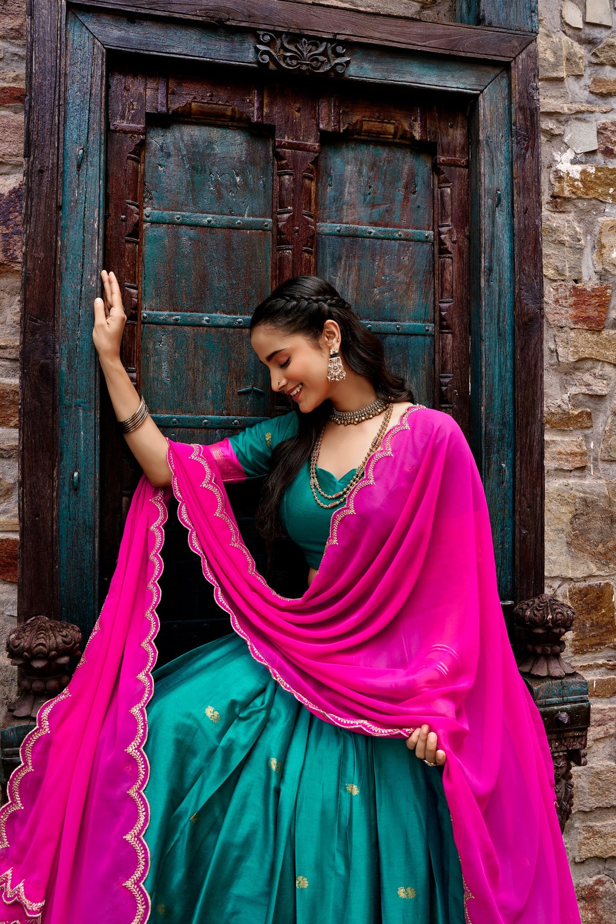Teal Green & Rani Pink Cotton Silk South Traditional Lehenga Choli With Zari Weaving Border & Scallop Embroidered Dupatta
