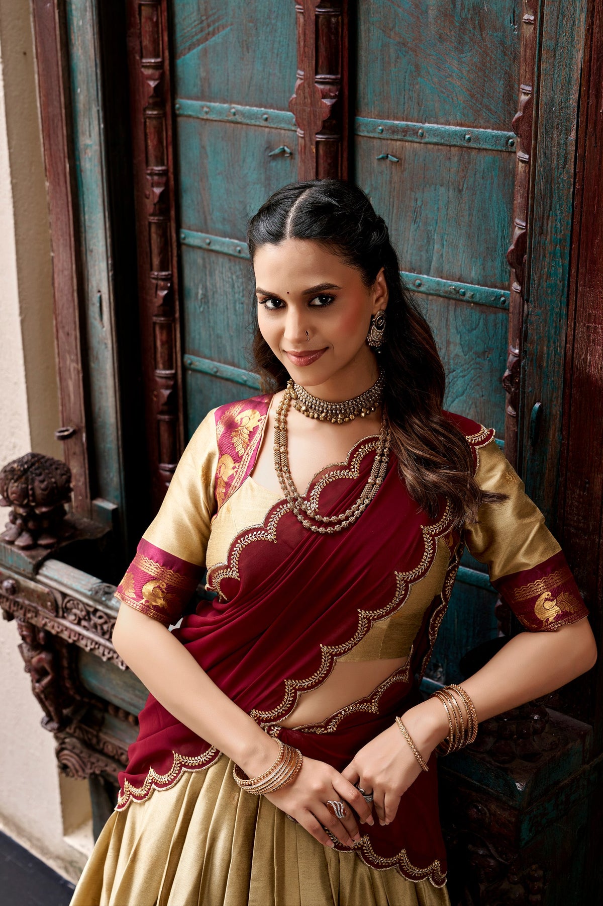 Beige Gold & Maroon Cotton Silk South Traditional Lehenga Choli With Zari Weaving Border & Scallop Embroidered Dupatta