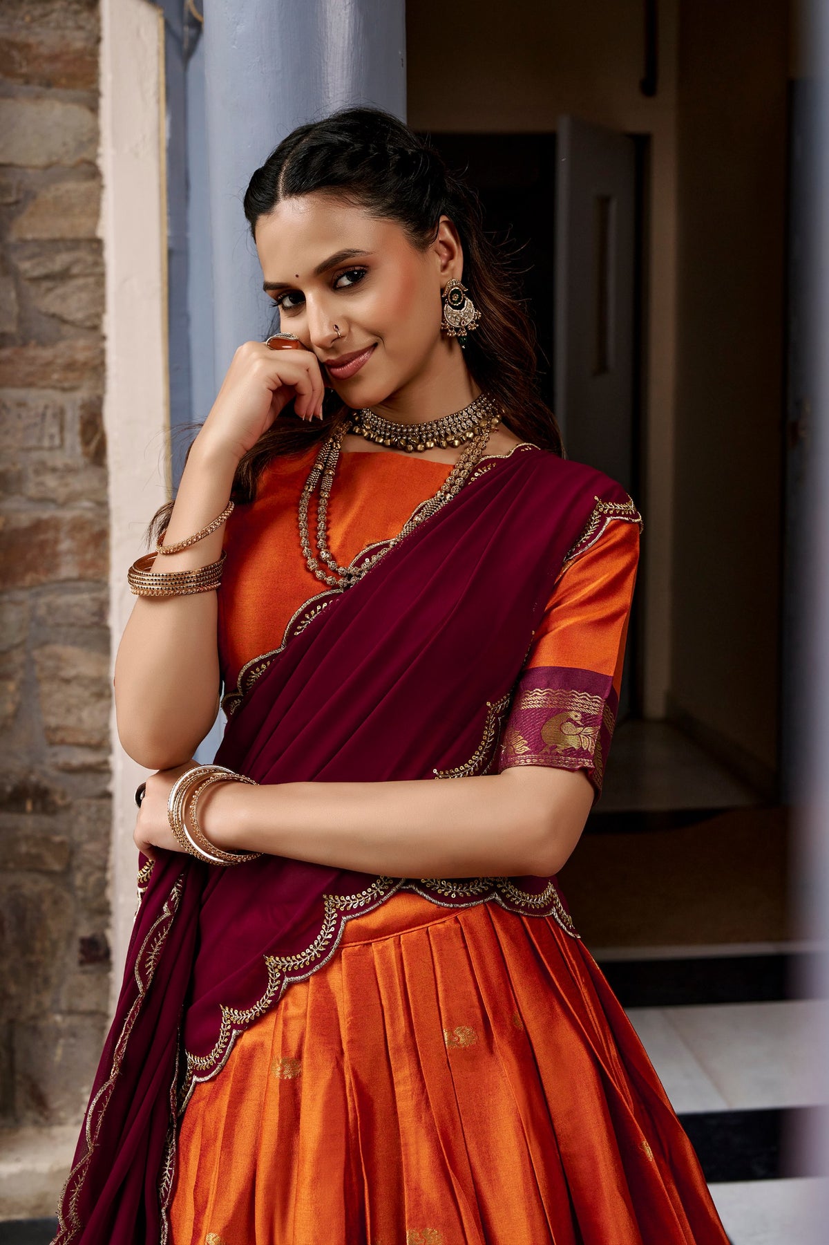 Orange & Maroon Cotton Silk South Traditional Lehenga Choli With Zari Weaving Border & Scallop Embroidered Dupatta