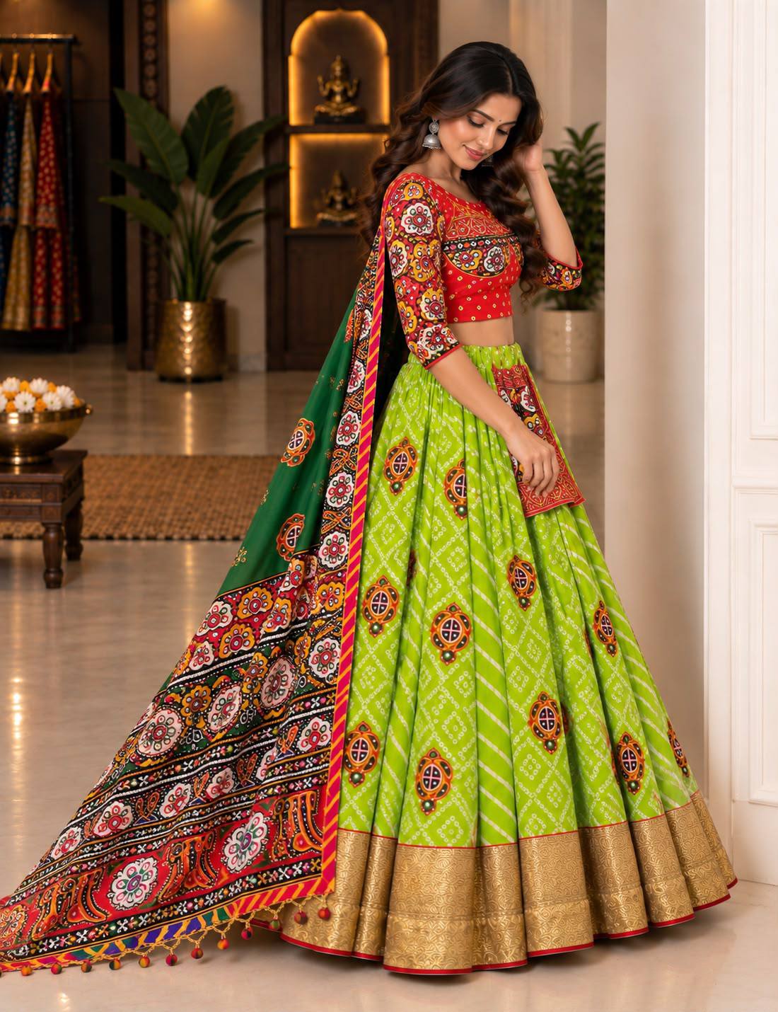 Lime Green & Red Heavy Muslin Cotton Digital Bandhani Print Real Mirror Work With Golden Lampi Lace Border Navratri Special Chaniya Choli Set