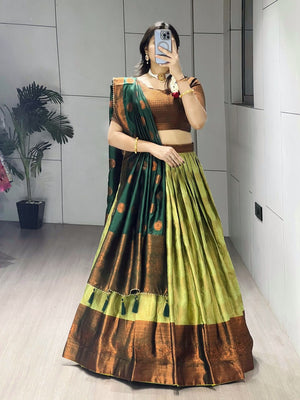 Pista Green Narayanpet Silk Half Saree with Traditional Gold Zari Weaving Border by The Beauty Queen Surat
