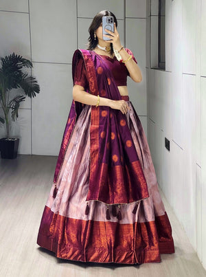 Wine Narayanpet Silk Half Saree with Traditional Gold Zari Weaving Border by The Beauty Queen Surat