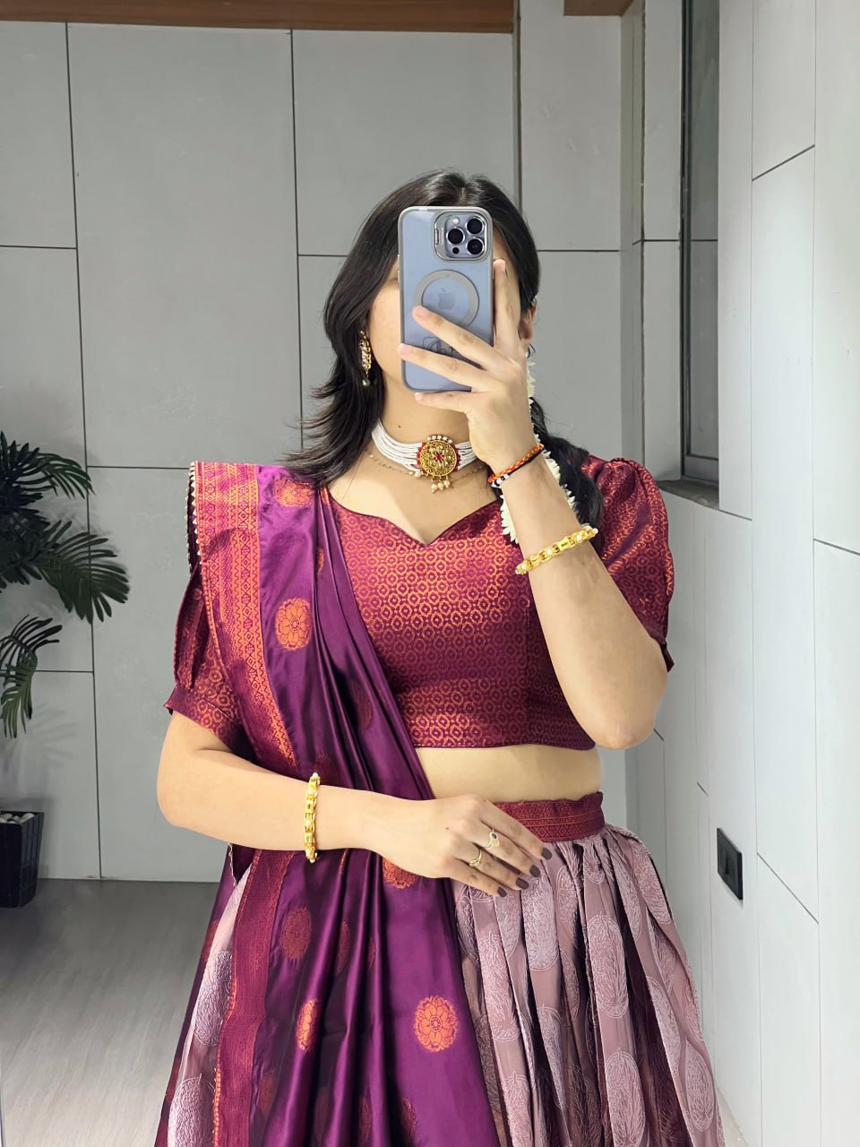 Wine Narayanpet Silk Half Saree – Traditional Zari Weaving Langa Voni Set