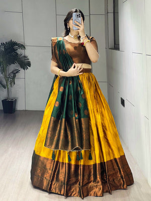 Mustard Narayanpet Silk Half Saree with Traditional Gold Zari Weaving Border by The Beauty Queen Surat