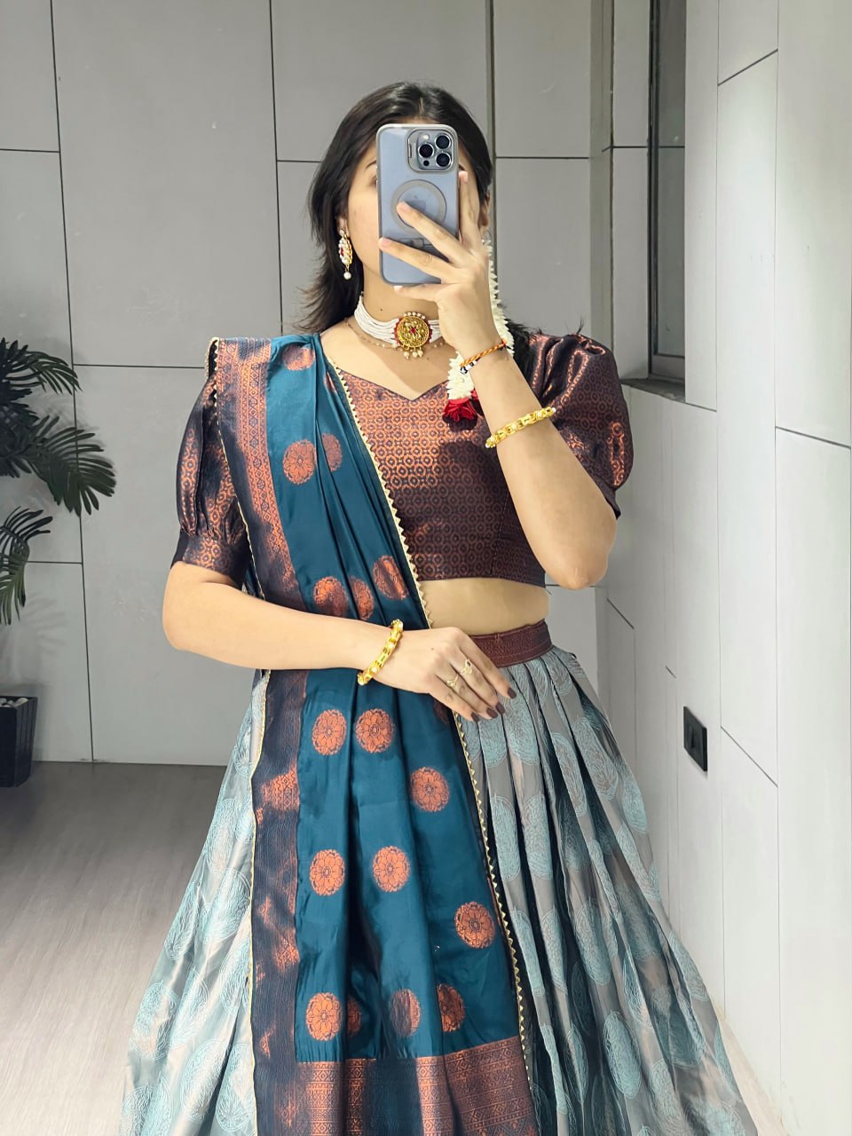 Teal Blue Narayanpet Silk Half Saree – Traditional Zari Weaving Langa Voni Set