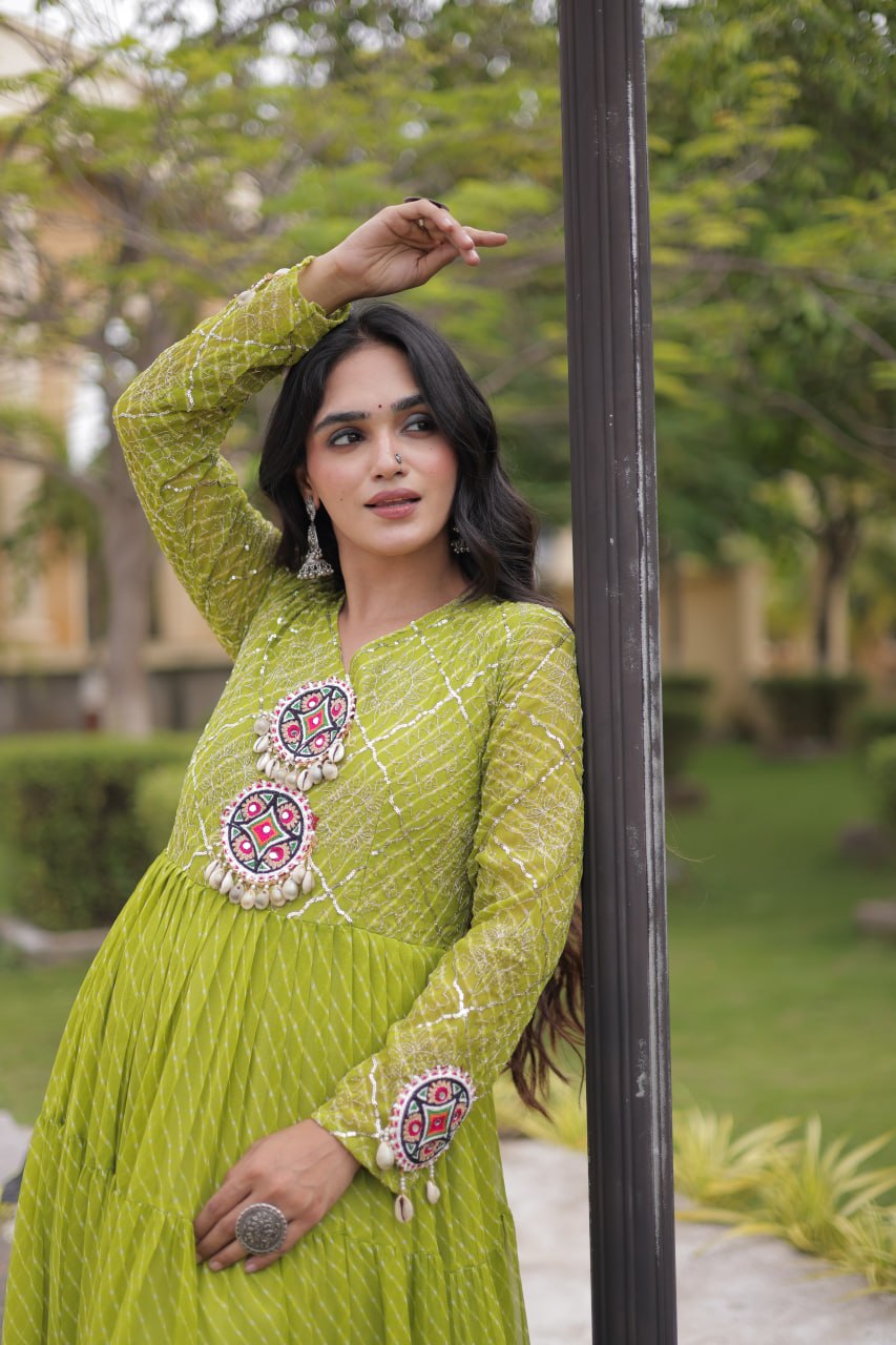 Lime Green Laheriya Print Faux Georgette Tiered Anarkali Gown With Kutchi Patchwork & Shell Tassels Navratri Special Gown