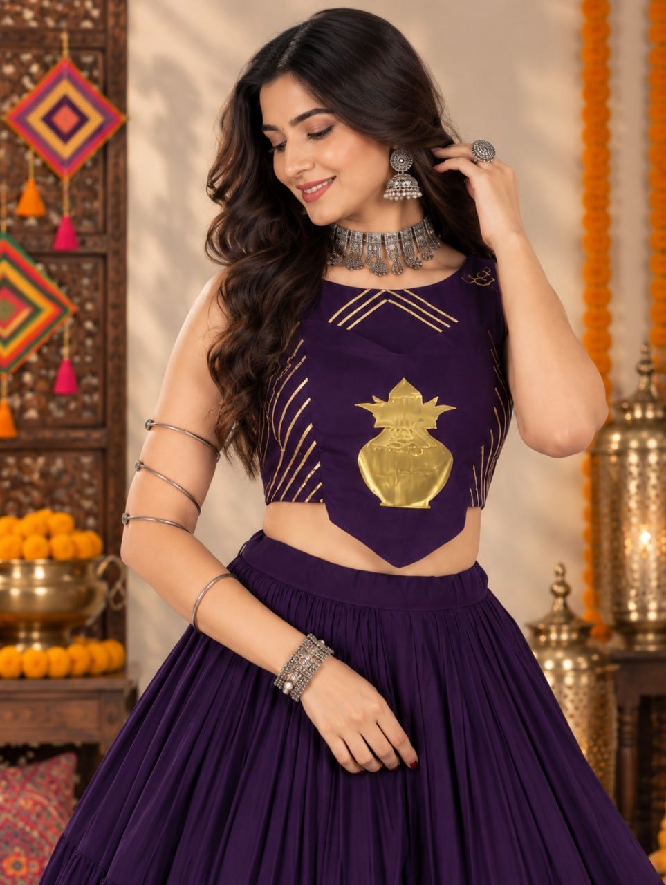 Royal Purple Pure Rayon Cotton Tiered Lehenga With Golden Kalash Patchwork Motif & Designer Sleeveless Blouse Navratri Lehenga Choli