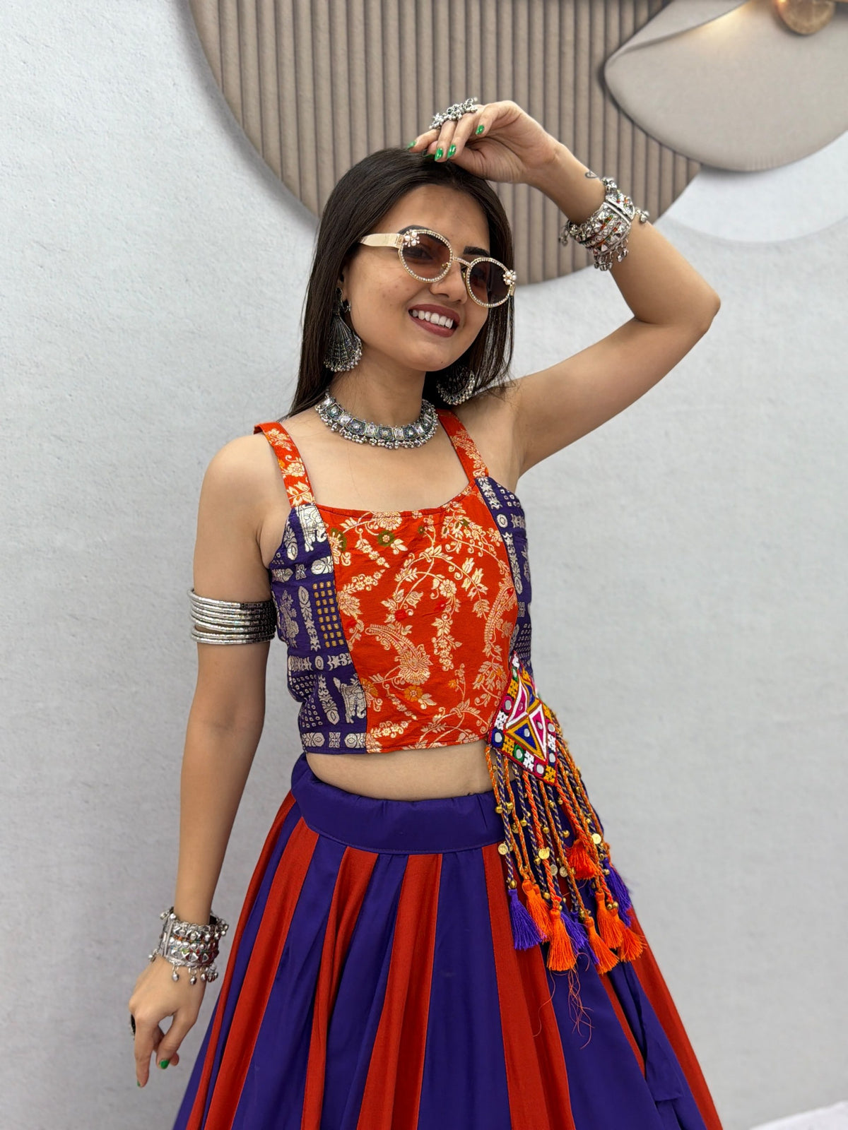Orange & Purple Dual Tone Pure Cotton Panel Lehenga With Gamthi Work Patch & Strappy Blouse Navratri Special Lehenga Choli