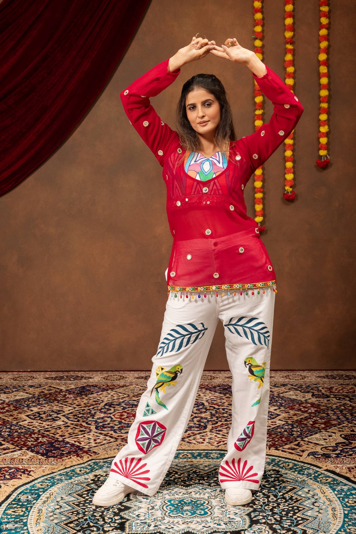 Red Faux Georgette Mirror Hand-Work Top With White Pure Cotton Denim Embroidered Pants Navratri Fusion Set