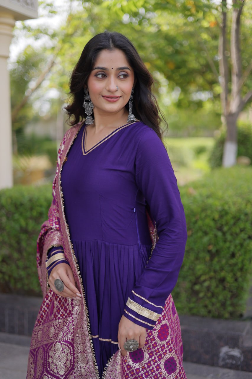 Royal Purple Rayon Tiered Gown With Gota Patti & Lampi Lace Work And Magenta Viscose Jacquard Dupatta